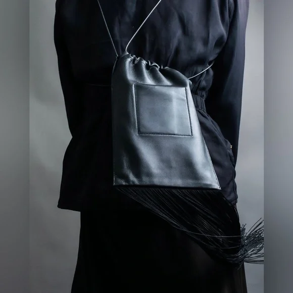 Jil Sander Designer Black Leather Tassle Fringe Unique Smooth Bag Handbag Should - Picture 11 of 16